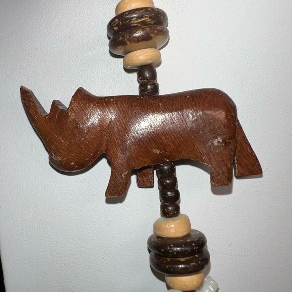 Vintage African Inspired Carved Wooden Animal Bead and Shell Necklace - Picture 8 of 9